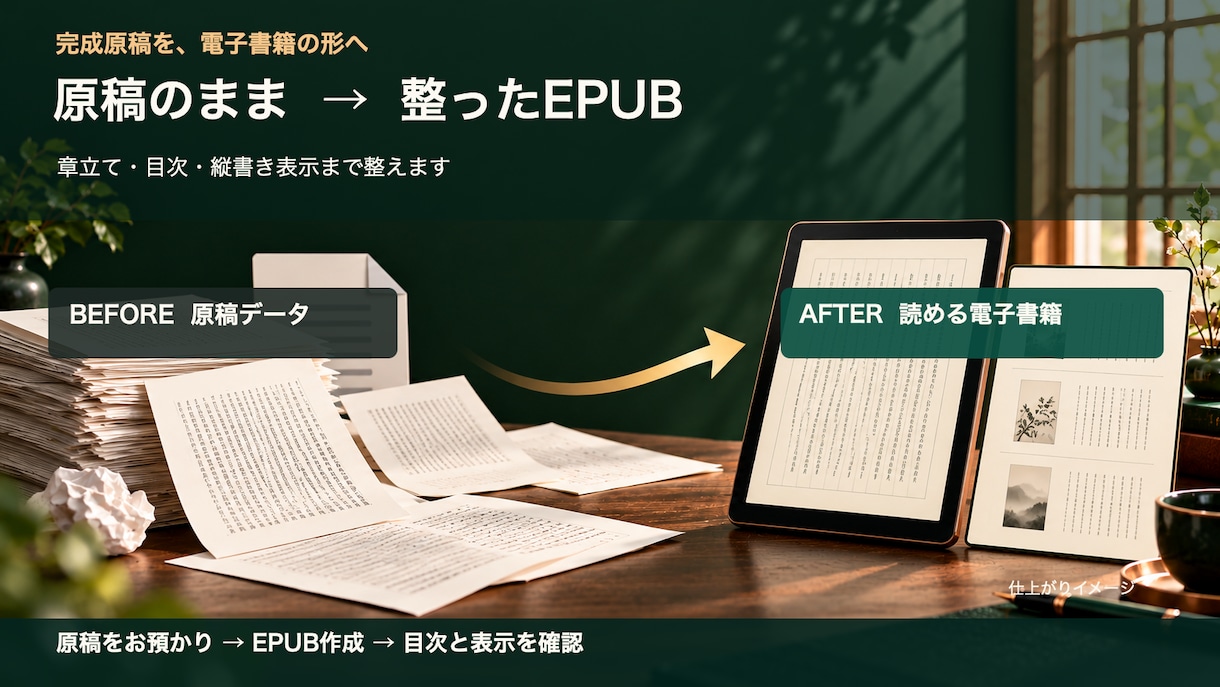 完成原稿をKindle用EPUBに整えます 目次・縦書き・表示崩れを確認し、1冊分を納品 イメージ1