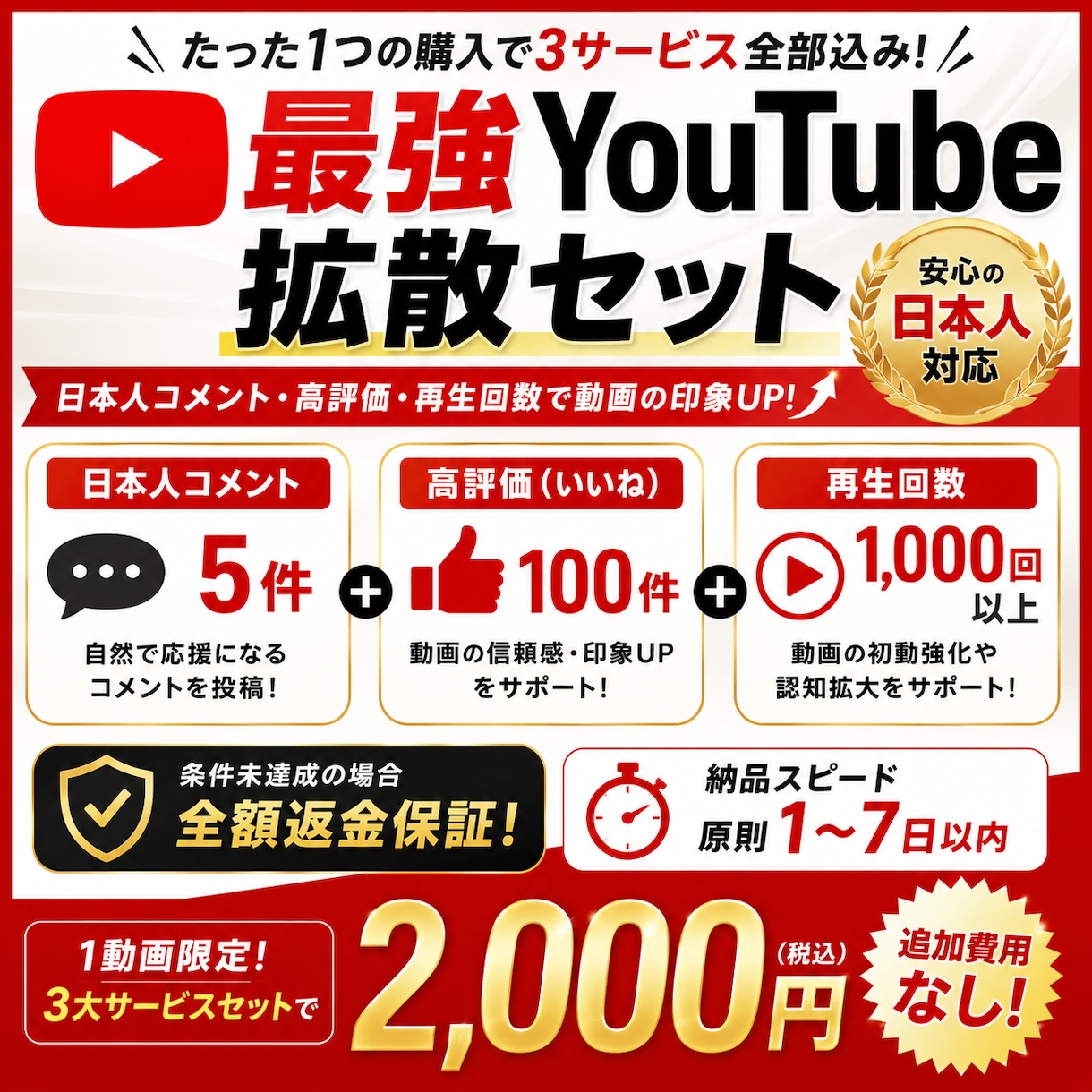 YouTube日本人コメント再生回数高評価上げます ユーチューブ  コメント5 再生回数1000 高評価100 イメージ1