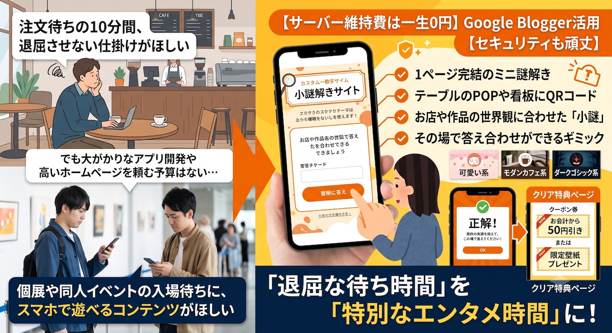 待ち時間をエンタメに！ミニ謎解きサイト作ります 維持費０円！お店の待ち時間やイベントの隙間時間を退屈させない イメージ1