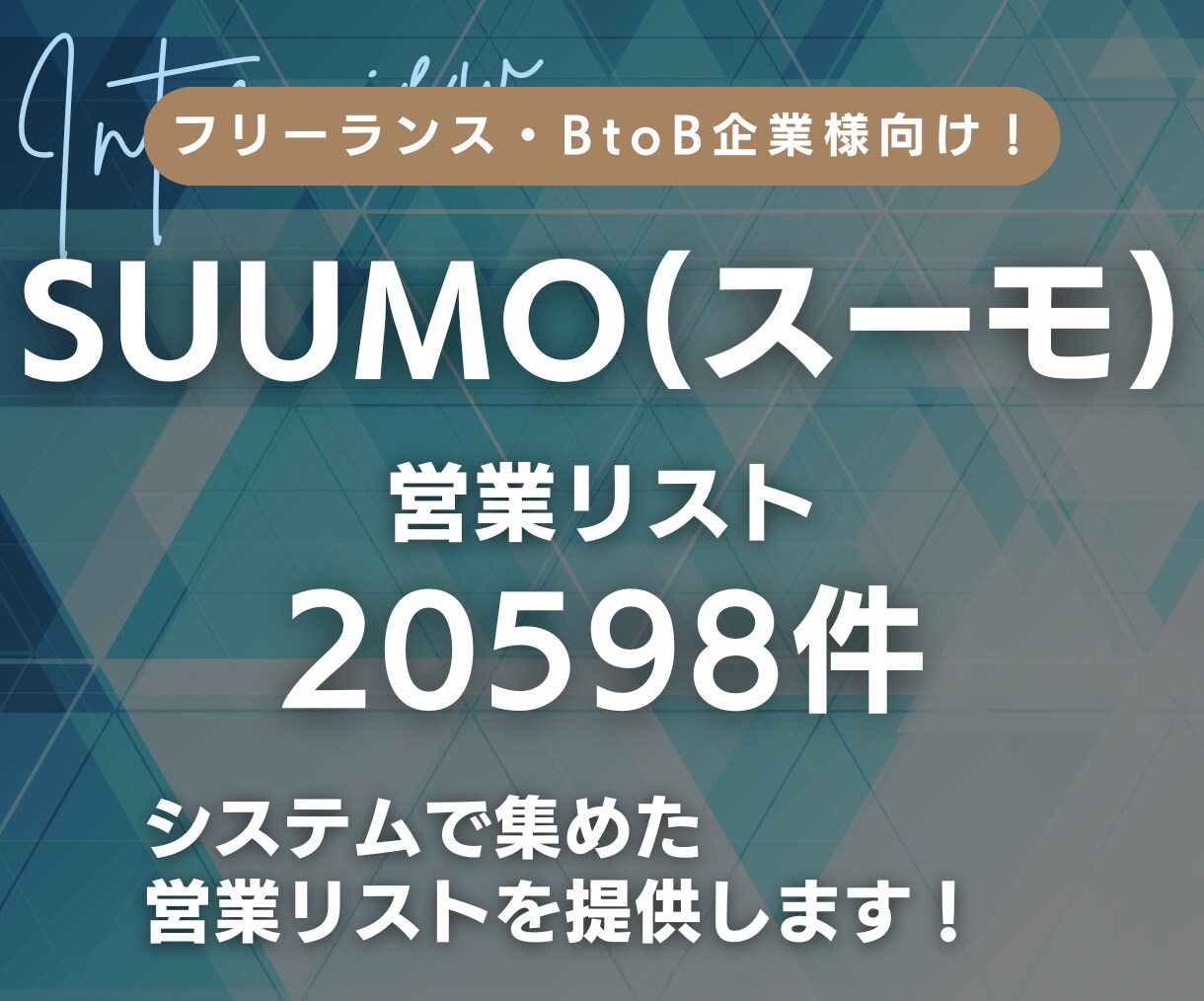 SUUMOスーモ｜不動産会社の営業リスト提供します 【先着10名2000円｜1件0.2円以下】リスト20598件 イメージ1