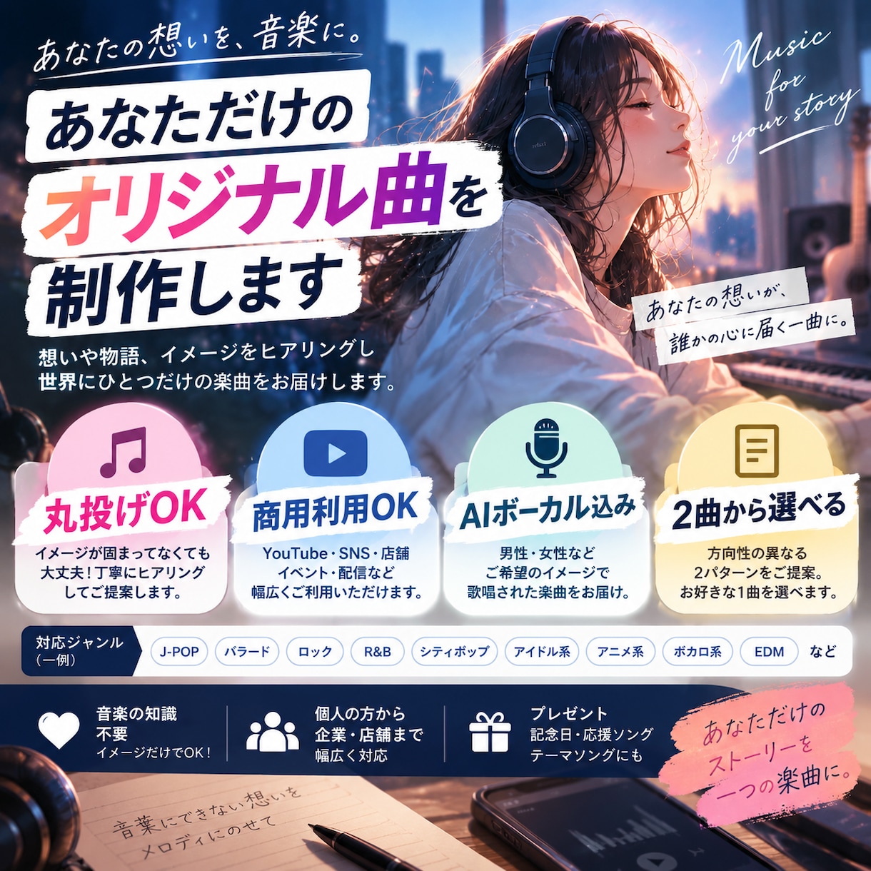 オリジナル曲制作 想いやイメージを曲にします 音楽知識ゼロでもOK！2曲から選べるオリジナル楽曲制作 イメージ1