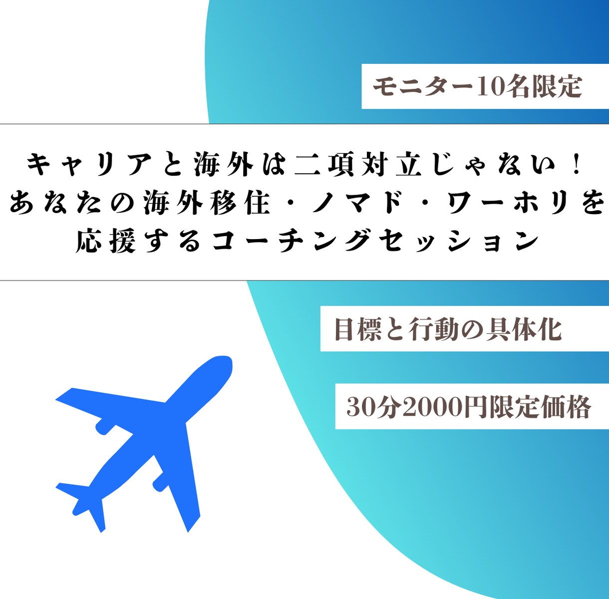 海外移住・ノマド・ワーホリ挑戦への行動を設計します モニター限定 ｜あなたの海外移住の行動と不安を具体化・解消 イメージ1
