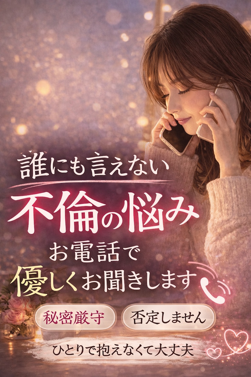 誰にも言えない不倫の悩み、優しくお聞きします 苦しい恋・寂しさ・不安…ひとりで抱えなくて大丈夫 イメージ1
