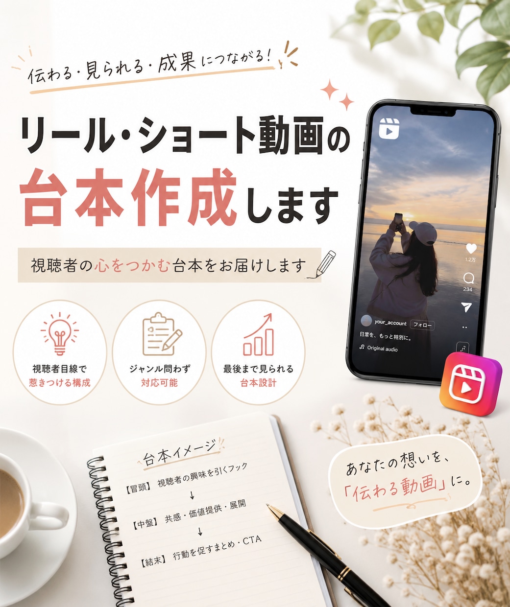 リール・ショート動画の台本作成します 冒頭の引き込みから視聴維持率を考えた台本制作を行います。 イメージ1