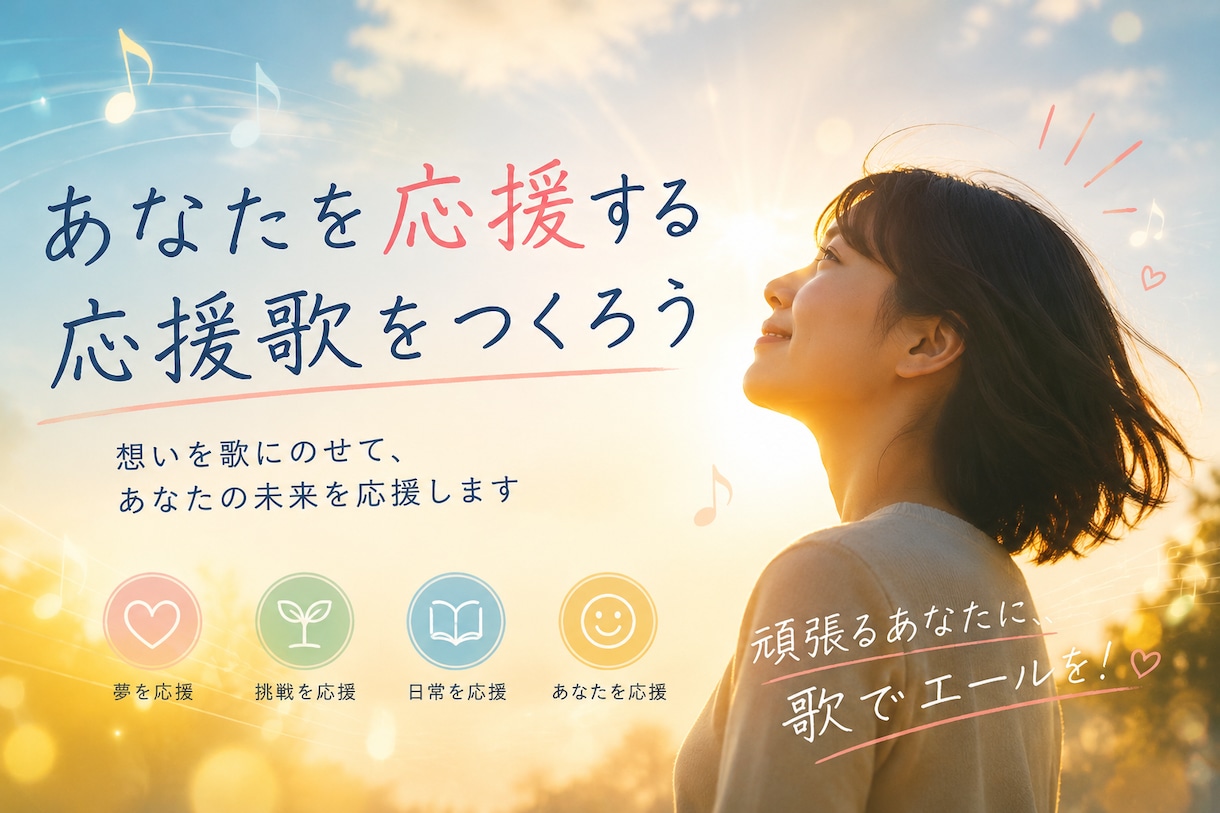 応援歌を作ります AIと一緒に、世界にひとつだけの応援歌をつくろう。 イメージ1