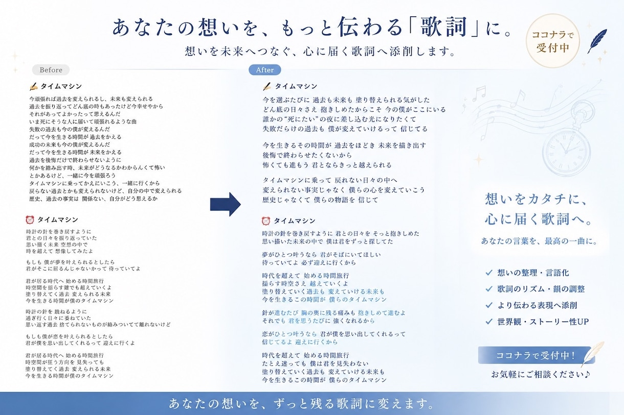 伝えたいその人の心を震わせる歌詞を制作します あなたのその想いがそのまま歌詞に。 イメージ2
