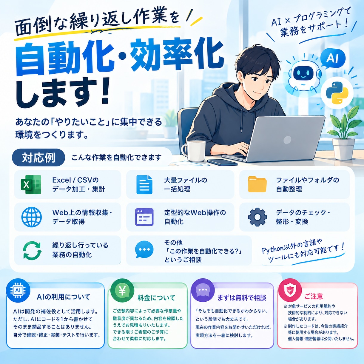 面倒な繰り返し作業を自動化します これ自動化できる？だけでも大丈夫！まずは無料でご相談ください イメージ1