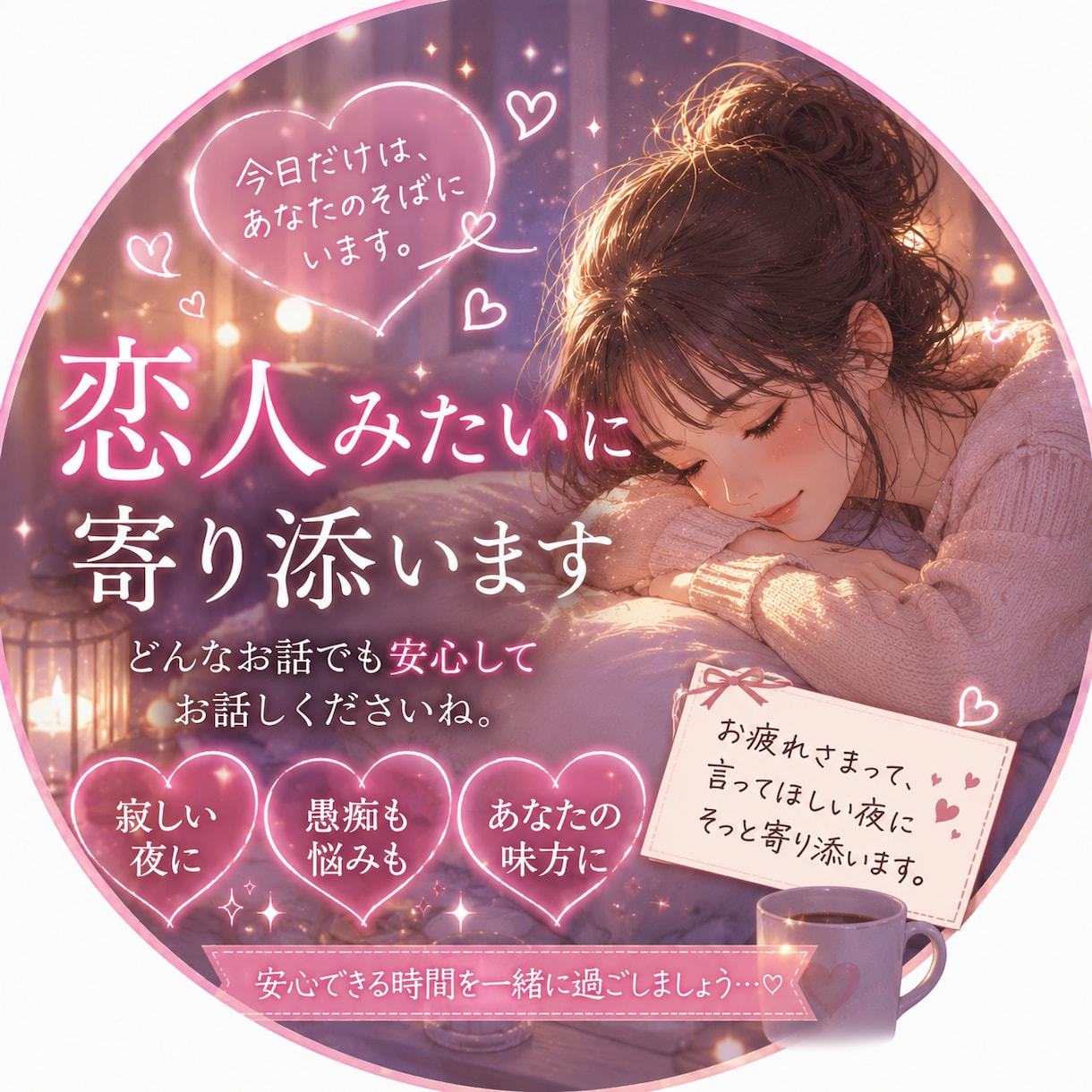お疲れ様、おかえりが欲しい夜、あなたのそばにいます 恋人みたいにあなたに寄り添ってお話し聞きます、癒されに来てね イメージ1