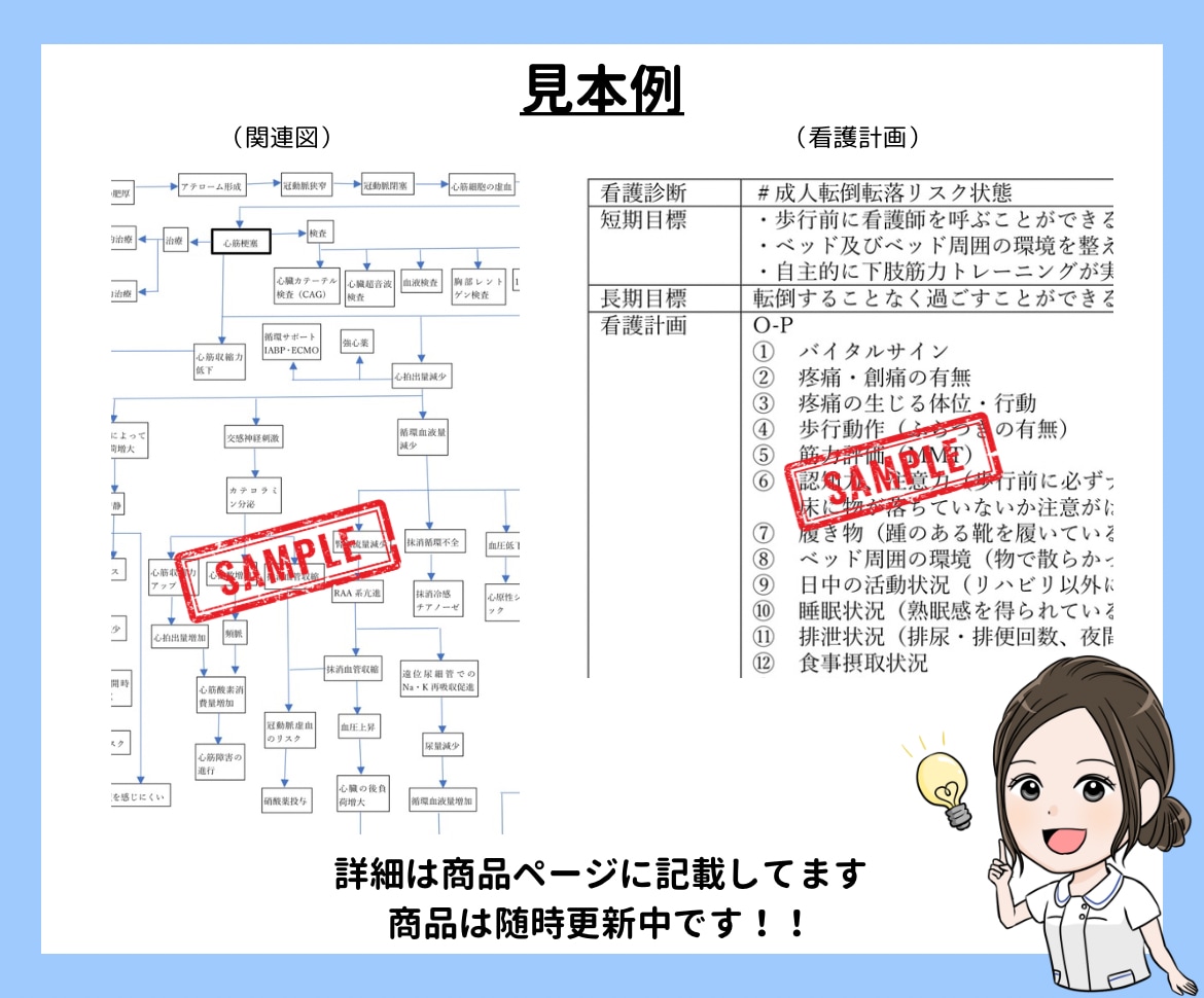 元教員と実習指導者が作成した見本を提供します 看護実習や課題に役立つ関連図や看護計画等の見本をご紹介！ イメージ5