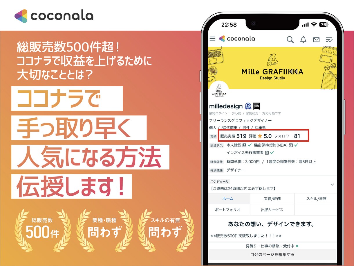 ココナラで手っ取り早く人気になる方法伝授します 総販売数700件超え！ココナラで収益を上げるために大切なこと イメージ1