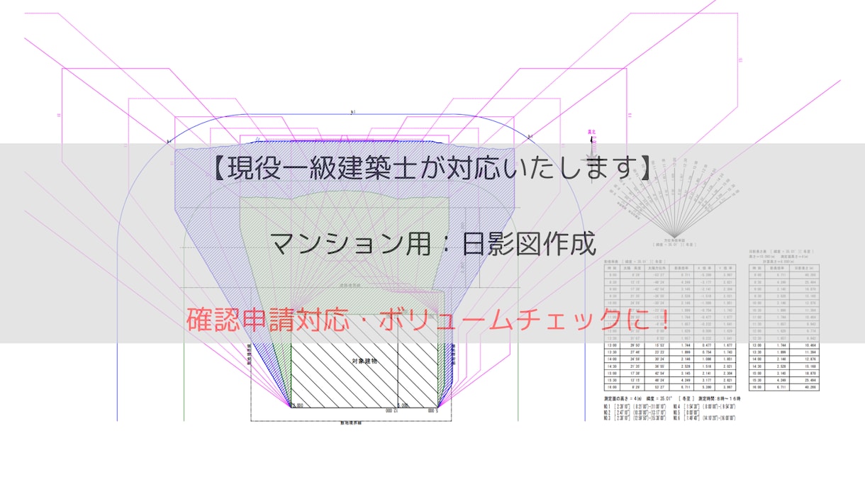 オフィス用：jwcadで日影図作成します ボリューム検討から確認申請まで幅広く対応します。 イメージ1