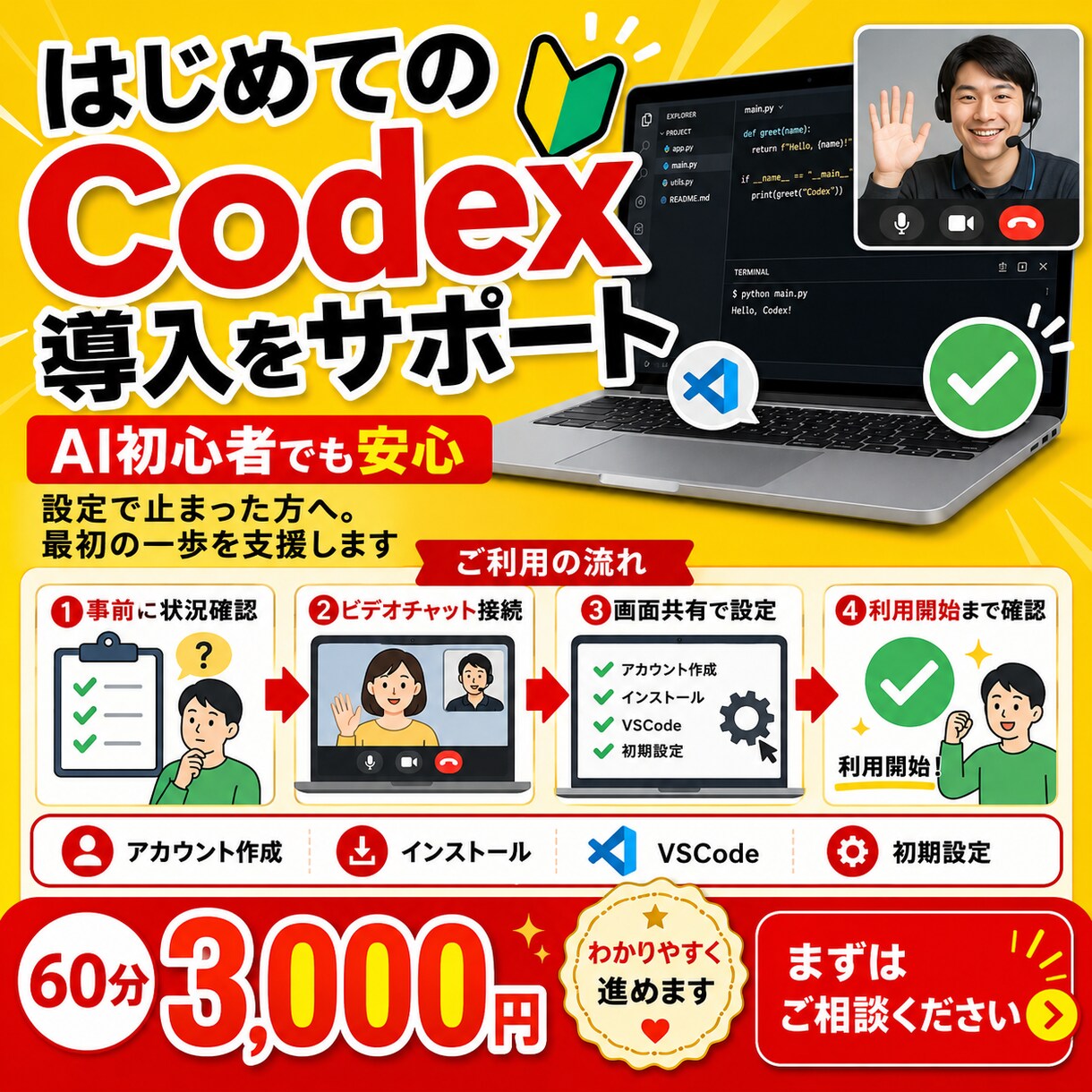 AI初心者向けにCodex導入を丁寧に支援します 設定で止まった方へ。Codex導入の最初の一歩を支援します。 イメージ1