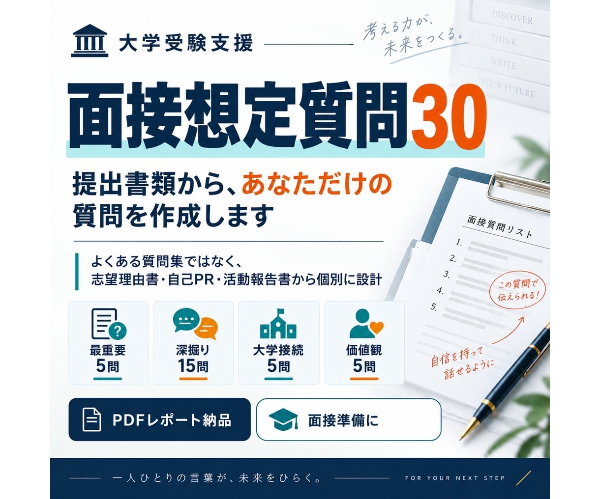 大学受験の面接想定質問を30問作成します 志望理由書・活動実績から個別質問を30問作成 イメージ1