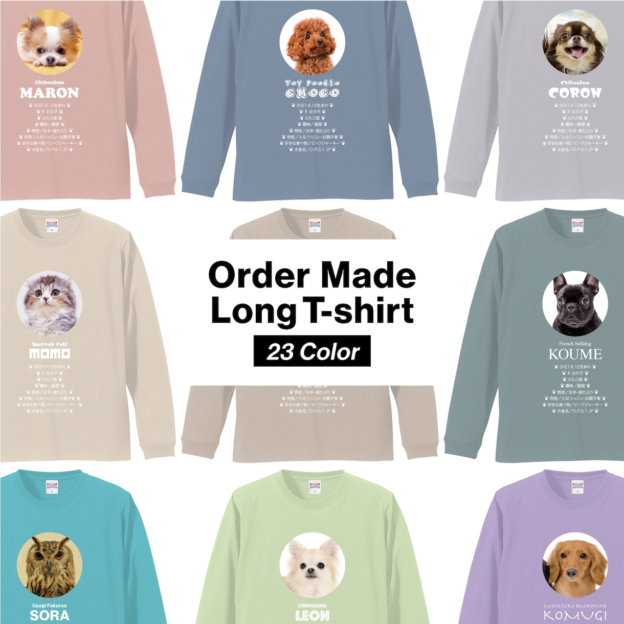 ペット（犬　猫）の画像で、うちの子Tシャツ作ります プロフィール入りだから着ているだけで自己紹介が出来ちゃいます イメージ1