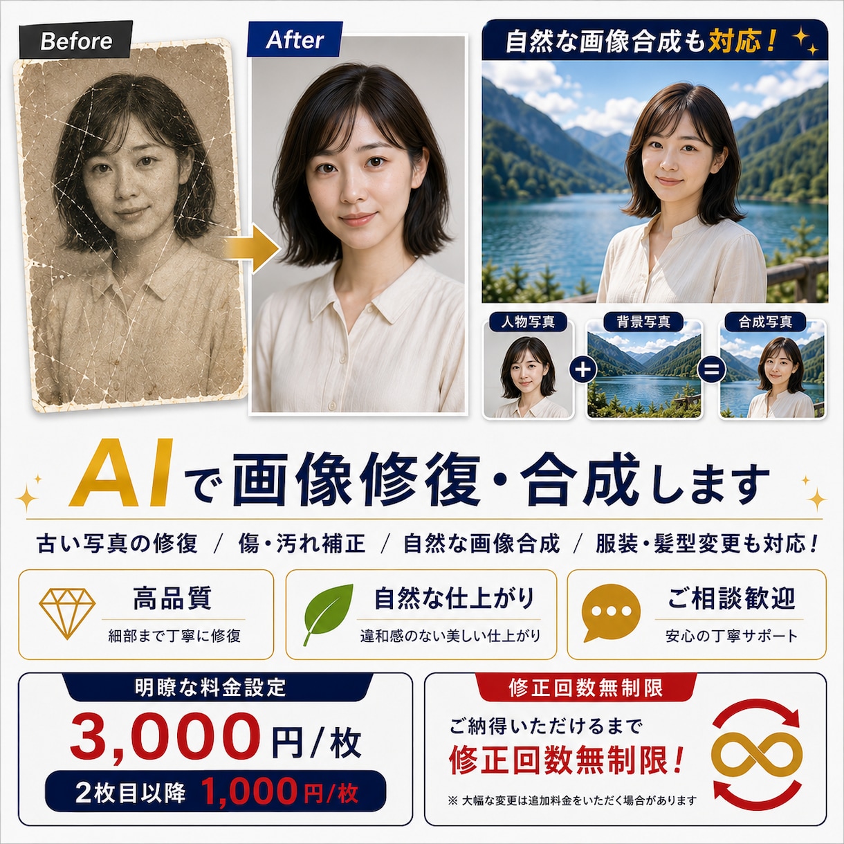 AI活用！画像修復・自然合成します 古い写真修復・人物合成・EC用モデル合成まで自然に仕上げます イメージ1