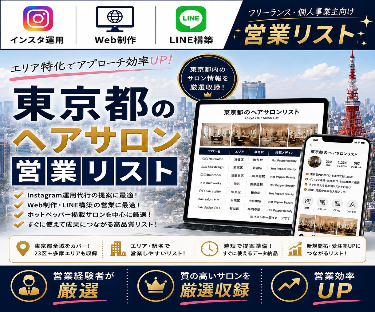 営業しやすい東京都のヘアサロンリストを売ります インスタ運用・Web制作・LINE構築向け厳選リスト① イメージ1