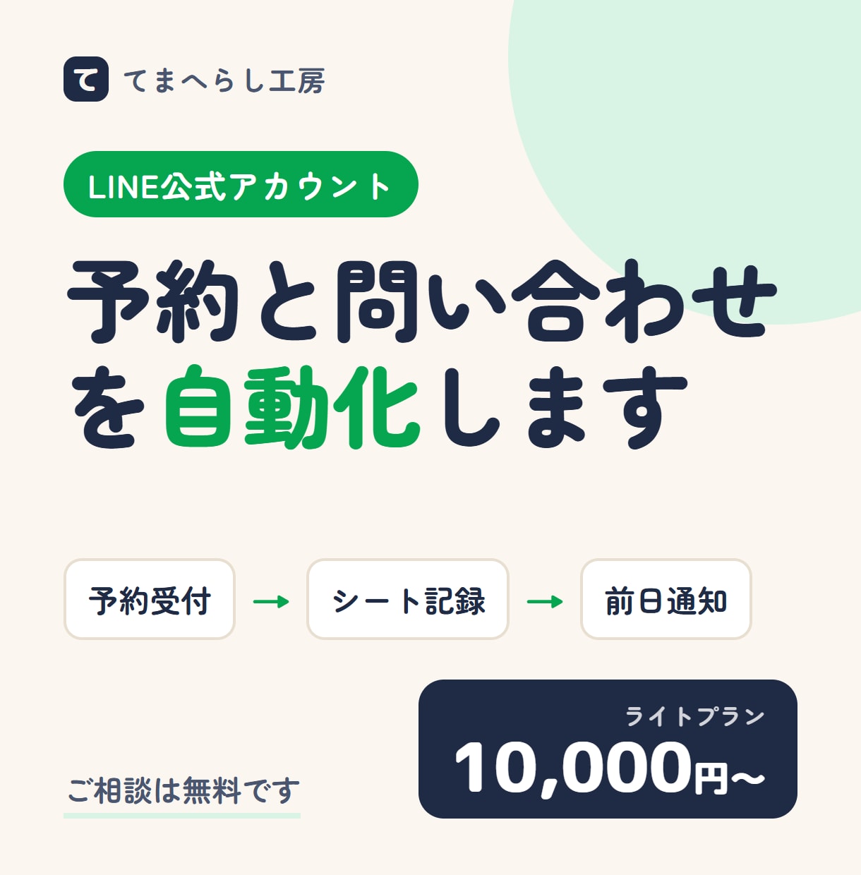 LINE公式の予約・問い合わせを自動化します 予約受付から前日リマインドまで、LINEで自動化します イメージ1