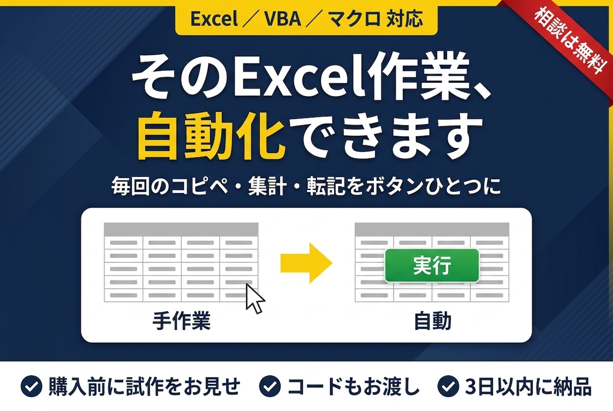 Excelマクロで面倒な繰り返し作業を自動化します 購入前に試作をお見せします｜コードもそのままお渡し イメージ1