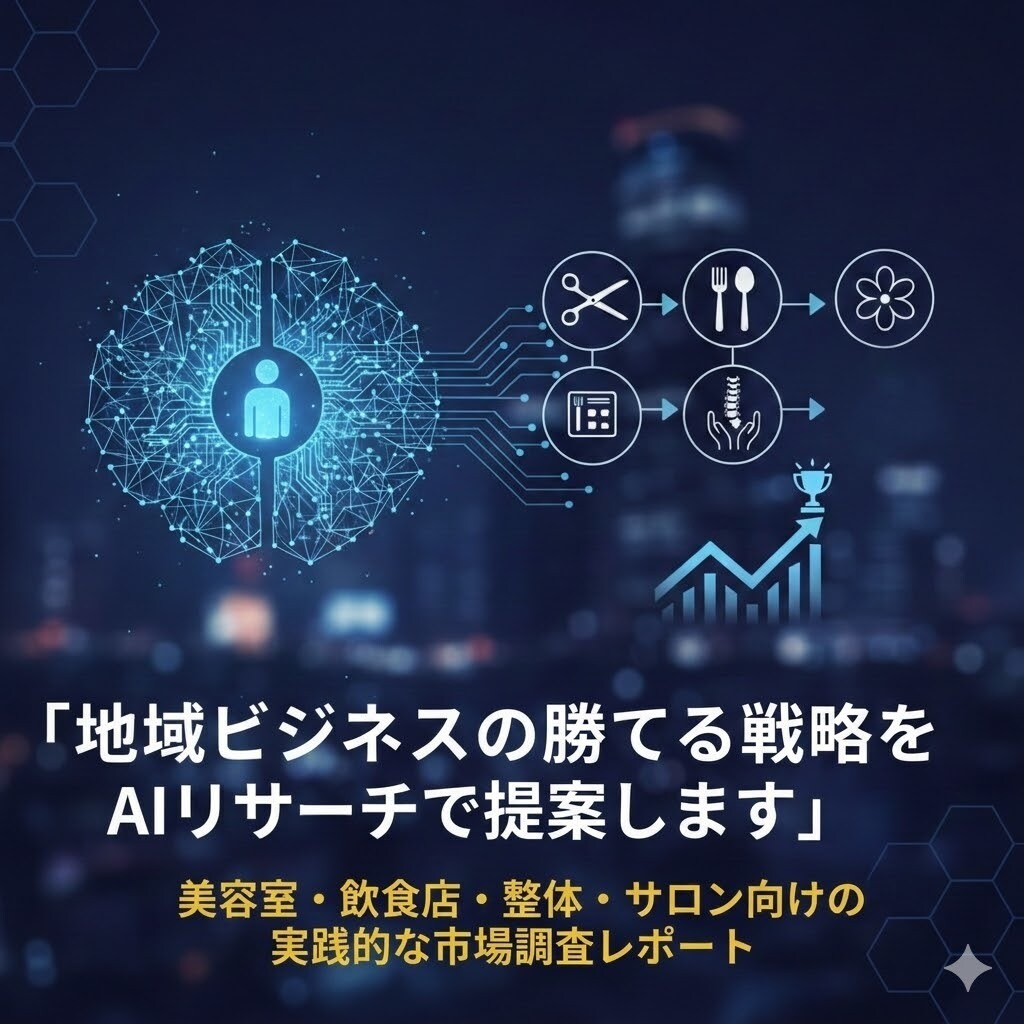 地域ビジネスの勝てる戦略をAIリサーチで提案します 美容室・飲食店・整体・サロン向けの実践的な市場調査レポート イメージ1