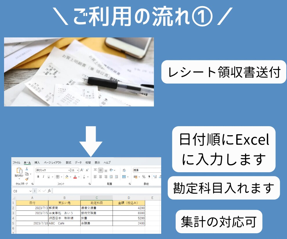 アフターフォロー付♪Excel記帳代行します 経理スタッフの私がレシート・領収書整理お手伝いします！ イメージ3