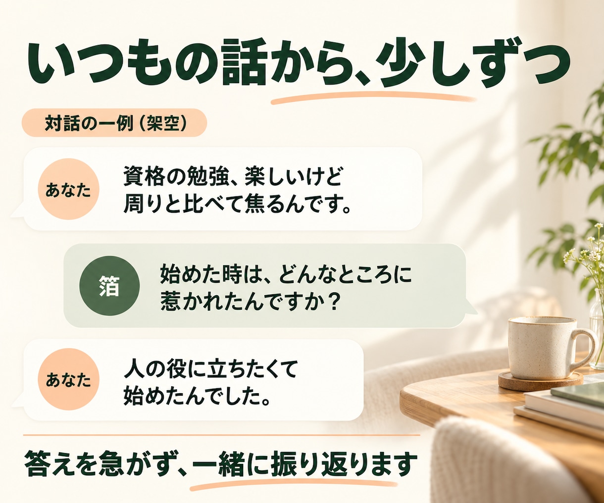 日常の話から今の気持ちを一緒に整理します 深い悩みがなくても大丈夫｜気軽に話せる電話カウンセリング イメージ2