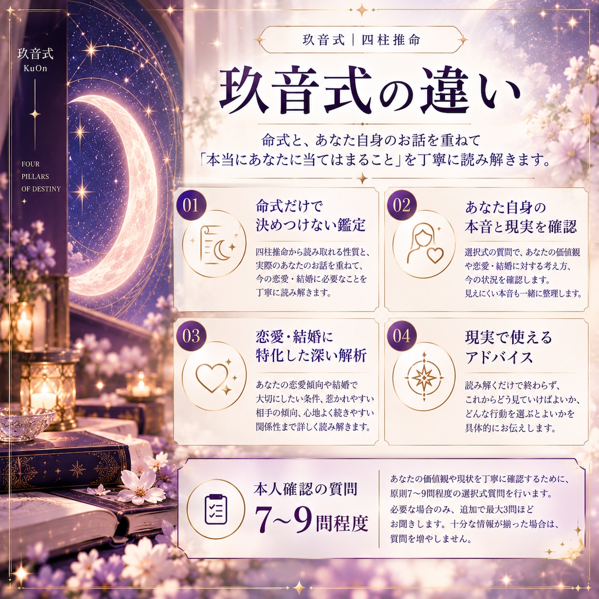 恋愛・結婚の迷いを深く読み解きます 命式だけで決めつけず、あなた自身を確かめて鑑定します イメージ2