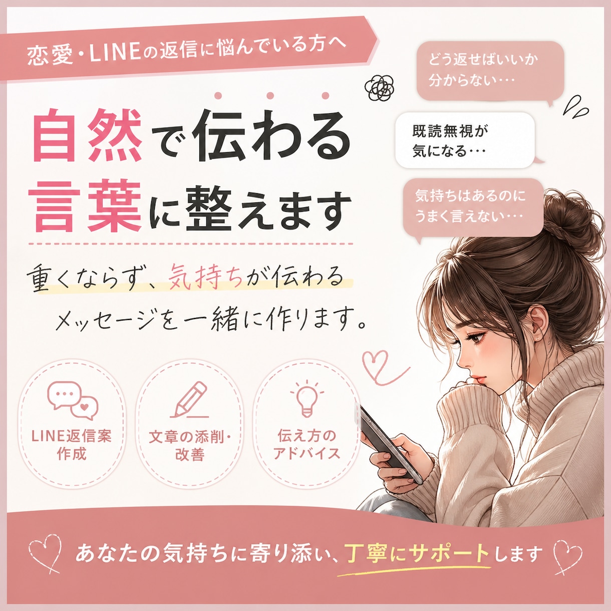 恋愛・LINE返信を自然な言葉に整えます 重くならず気持ちが伝わる文章にします イメージ1