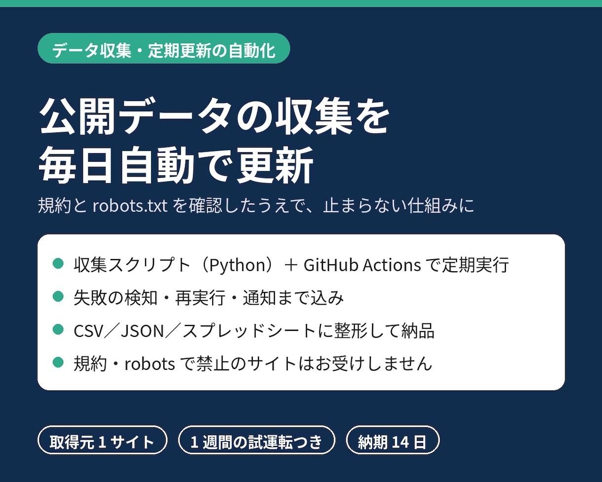 公開データの収集と毎日更新を自動化します 規約と robots を確認し、止まらない収集の仕組みに イメージ1