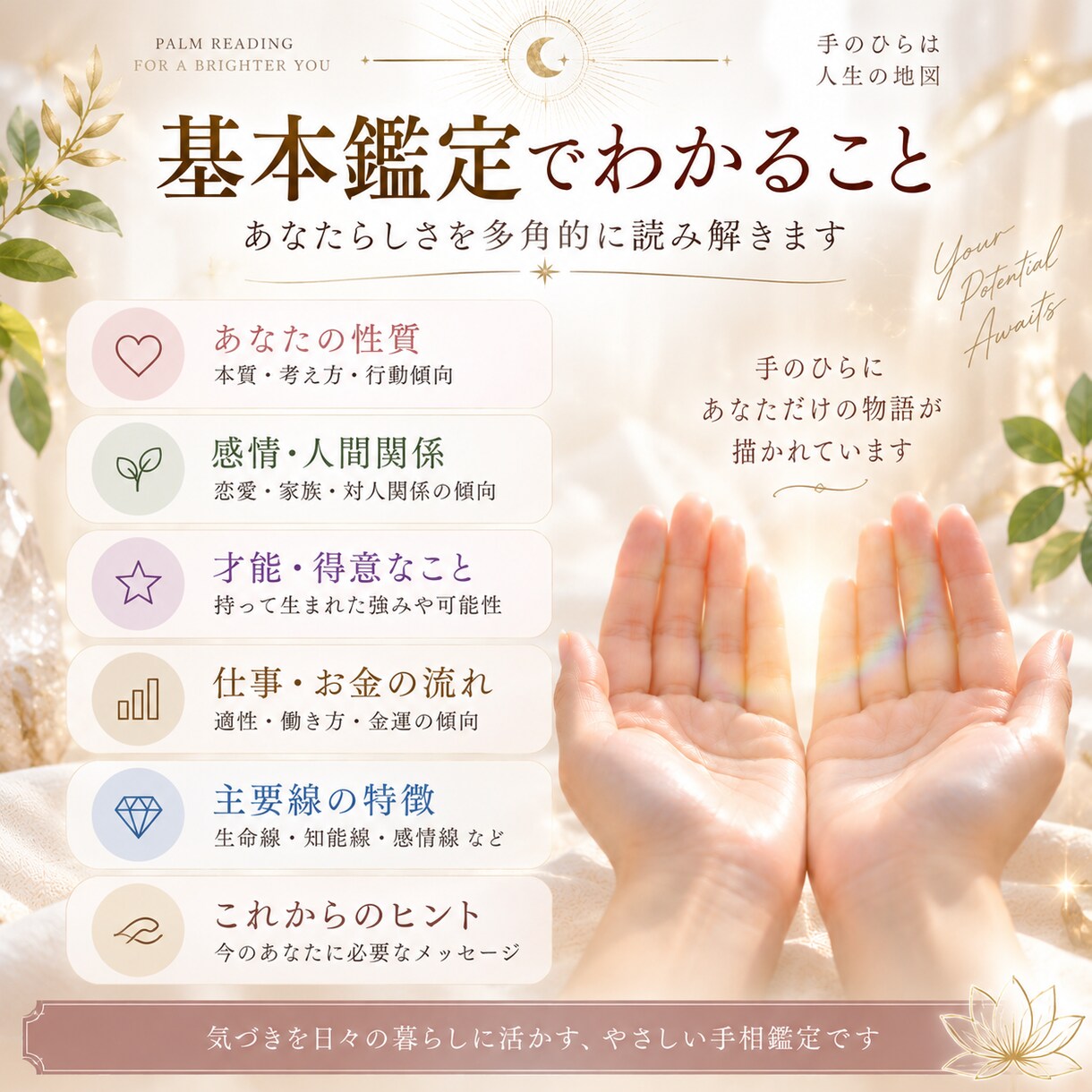 両手の写真からあなたの手相をやさしく鑑定します 写真を送るだけ♪あなたの個性や才能を読み解きます イメージ3