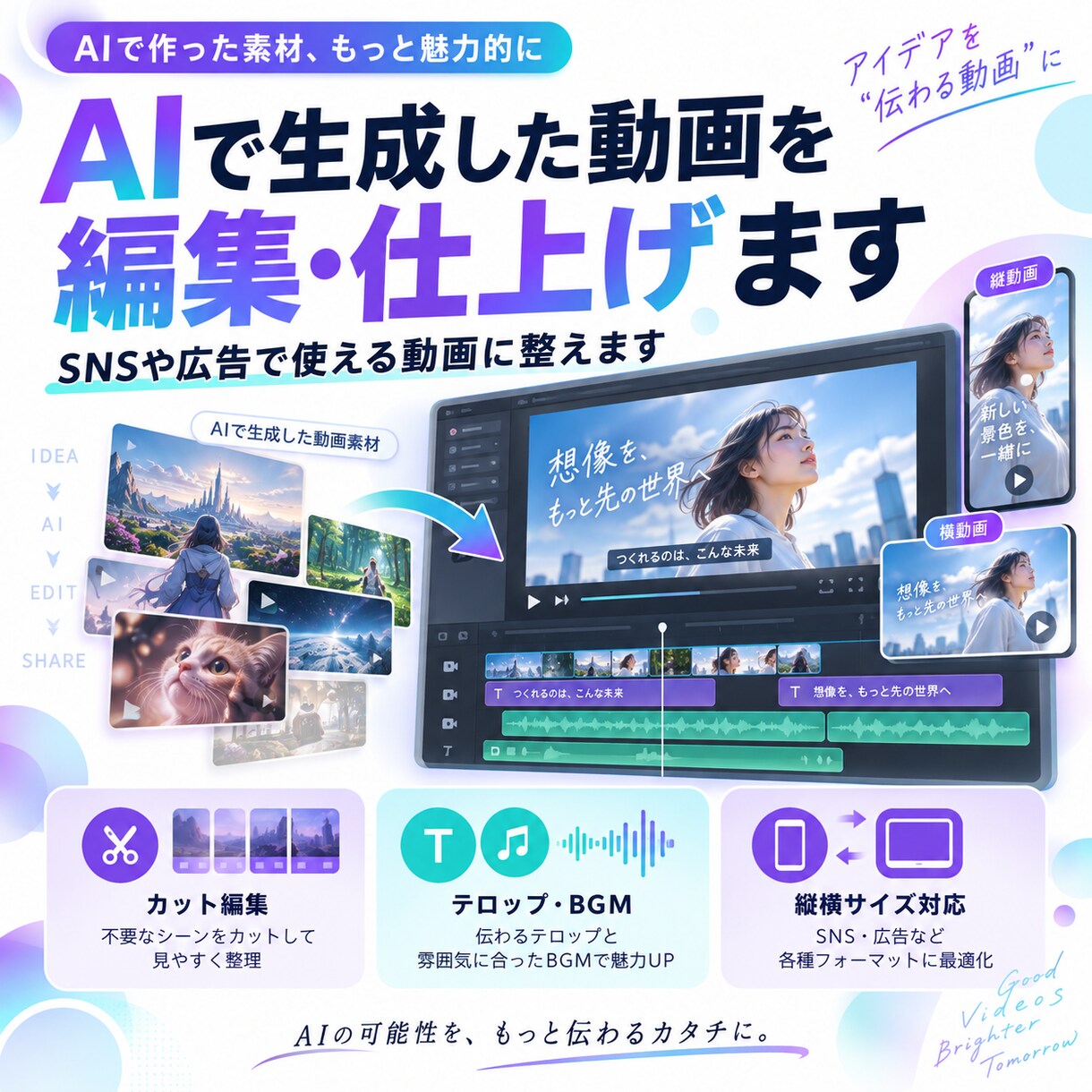 AIで生成した動画を自然な映像に編集・仕上げます AI動画をSNS・YouTubeで使える状態に仕上げます イメージ1