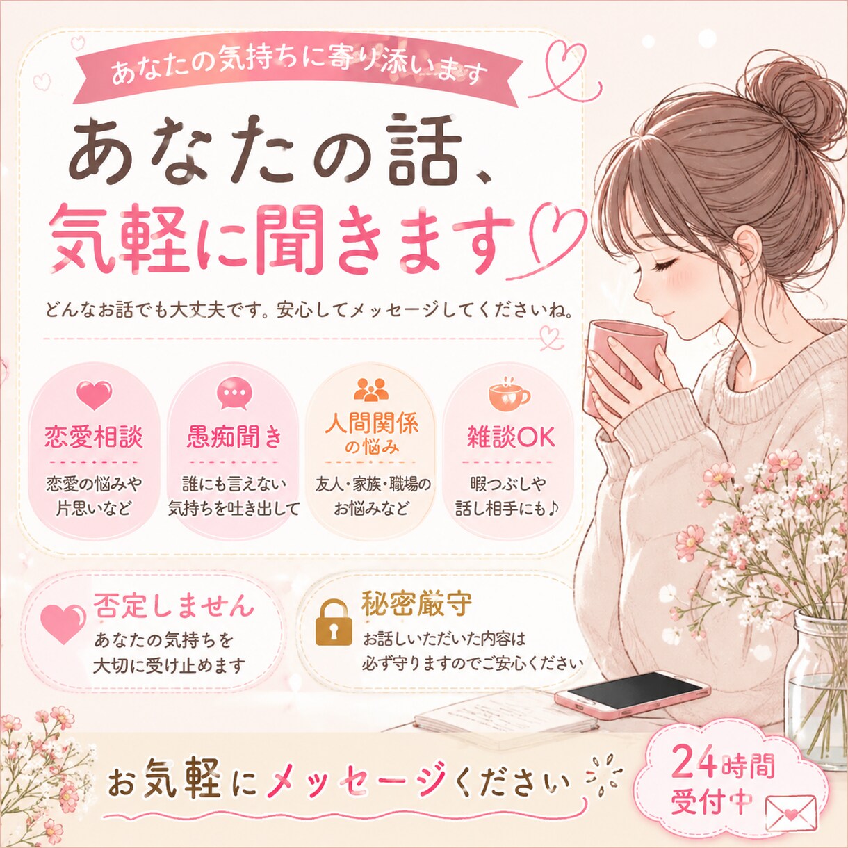 どんなお話でも気軽に聞きます 否定せずあなたの気持ちを聞きます イメージ1