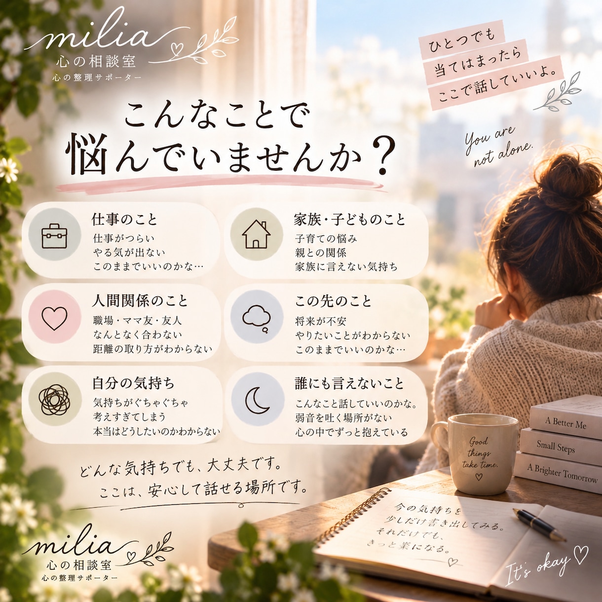 ひとりで抱えた気持ちをお聞きします 答えを押し付けず、心の整理をお手伝いします イメージ2