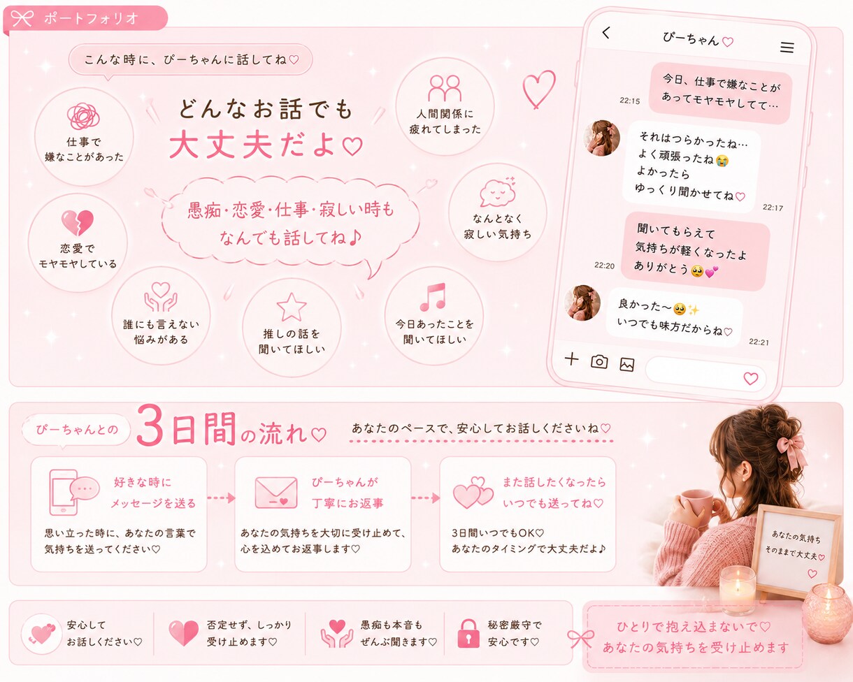 3日間♡あなたの味方になって何でもお話聞きます 愚痴・恋愛・仕事・寂しい時も♡好きな時にメッセージOK イメージ2