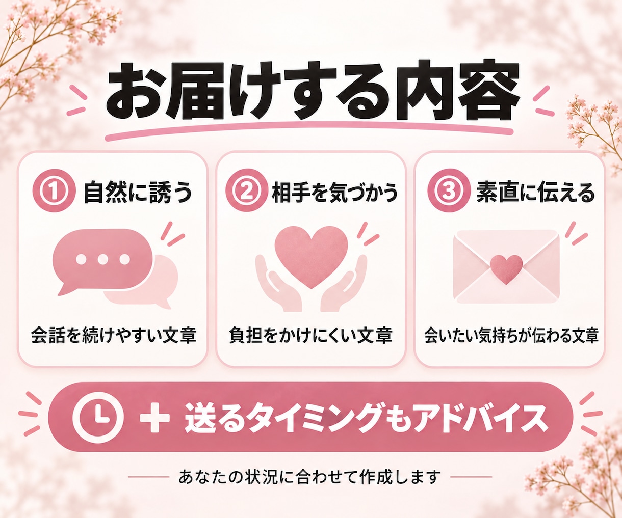 既読スルー後の追いLINEを男性目線で3案作ります 重くならない文章と送るタイミングを一緒に考えます イメージ2