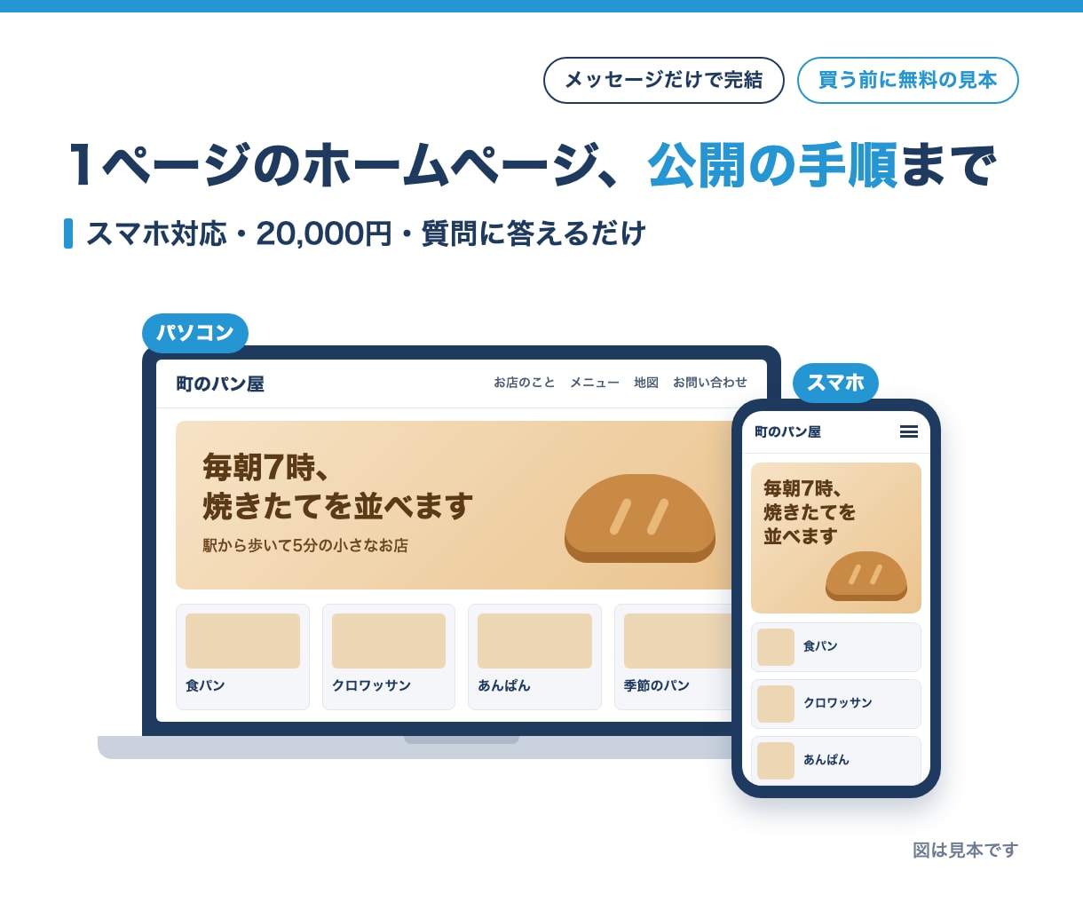 1ページのホームページを公開の手順つきで作ります 買う前に最初の画面の見本を無料で。文もこちらで整えます イメージ1