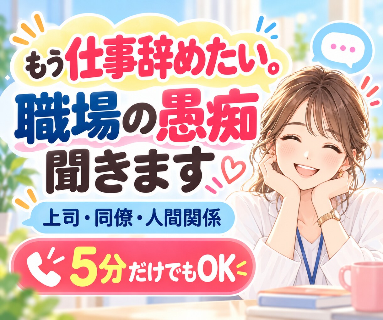 仕事辞めたい…職場の愚痴、ぜんぶ聞きます 上司・同僚・人間関係・ミス・退職の迷い｜5分だけでもOK！ イメージ1