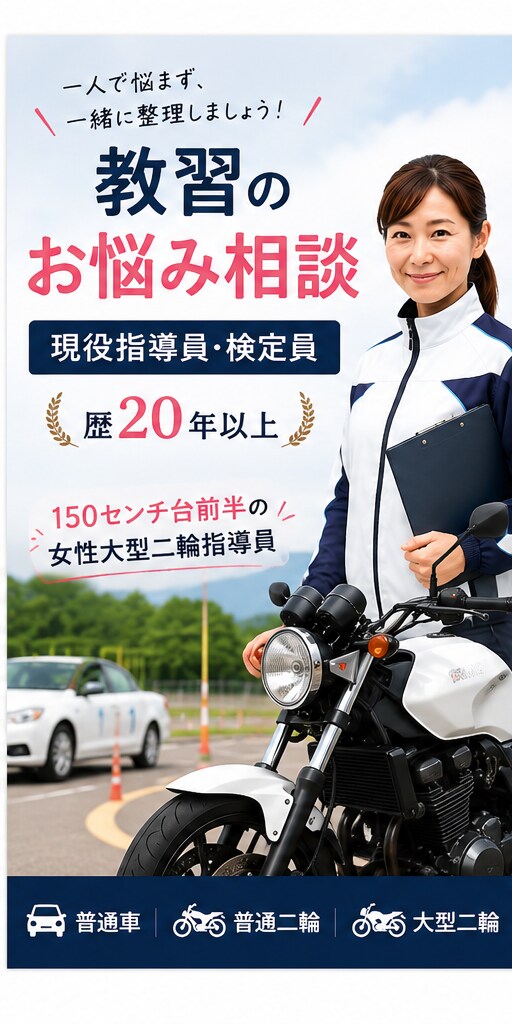 教習のお悩み解決策を現役女性指導員が一緒に考えます 指導員歴22年。150cｍ前半女性で大型二輪指導もしてます！ イメージ1