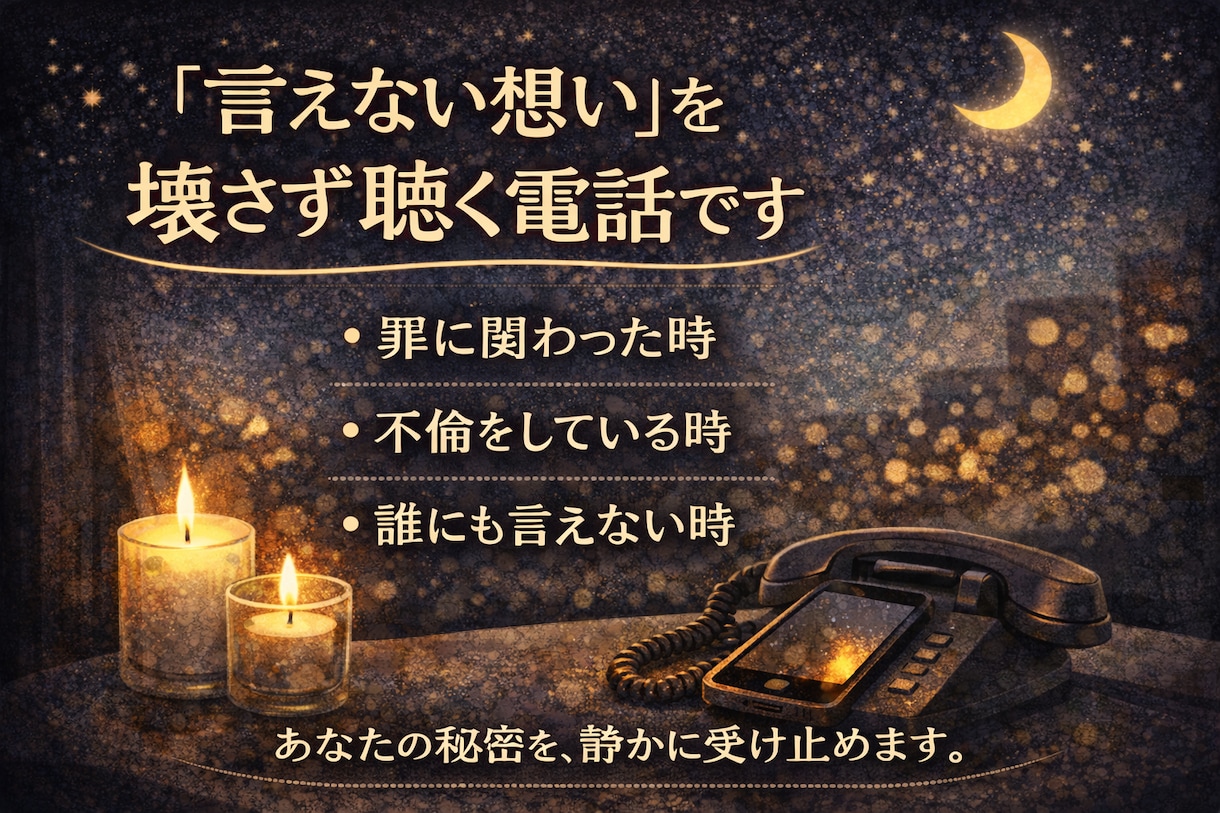 犯罪や不倫話OK 誰にも言えない話を聴きます 裁かず最後まで聴き、あなたの声に寄り添い心と呼吸を整えます。 イメージ2
