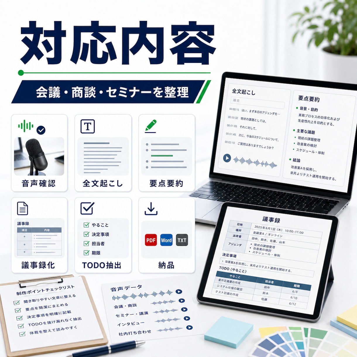 音声・動画の文字起こしと要約をします 会議・商談・セミナー内容を見やすく整理 イメージ2