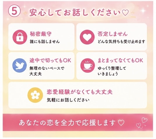 好きな人との距離を縮めるお手伝いをします 【女性限定☘️いつでも気軽に話してね♪】 イメージ5