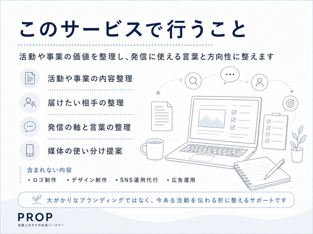 小さな団体・事業の伝え方を整理します SNS・LINE・note・Webに使える発信軸を整えます イメージ5