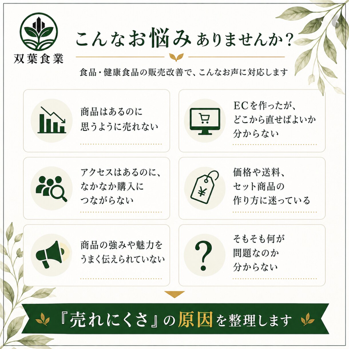 食品・健康食品の売れにくい理由を診断します 商品・価格・ターゲット・訴求・ECを診断し優先順位を整理 イメージ2