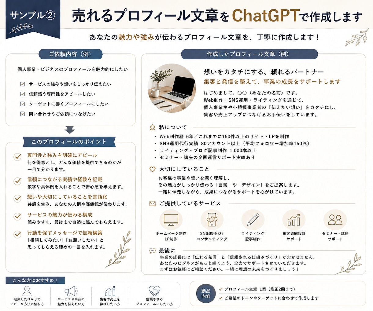 売れるプロフィール文章をChatGPTで作成します あなたの魅力や強みが伝わる信頼されるプロフィールを作成します イメージ3
