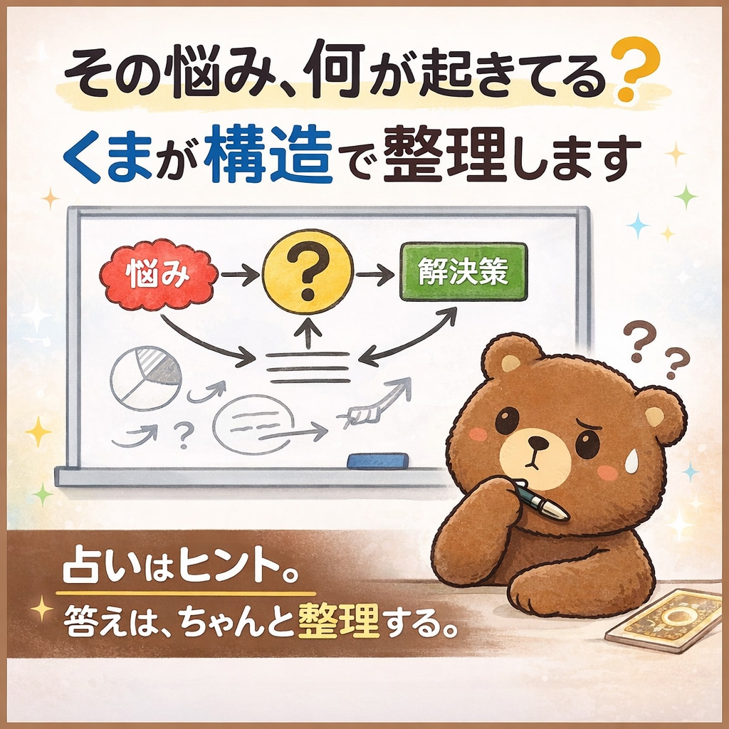 その悩み、何が起きてる？くまが構造で整理します 占いはヒント。答えは、ちゃんと整理する。 イメージ1