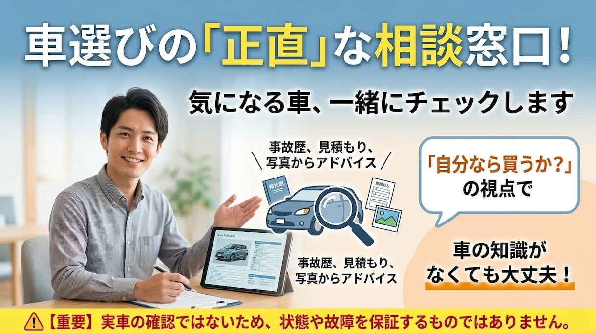 その車買って大丈夫？現役の車屋が相談にのります 現役で整備、販売をしている車屋が購入前の悩み聞きます イメージ1