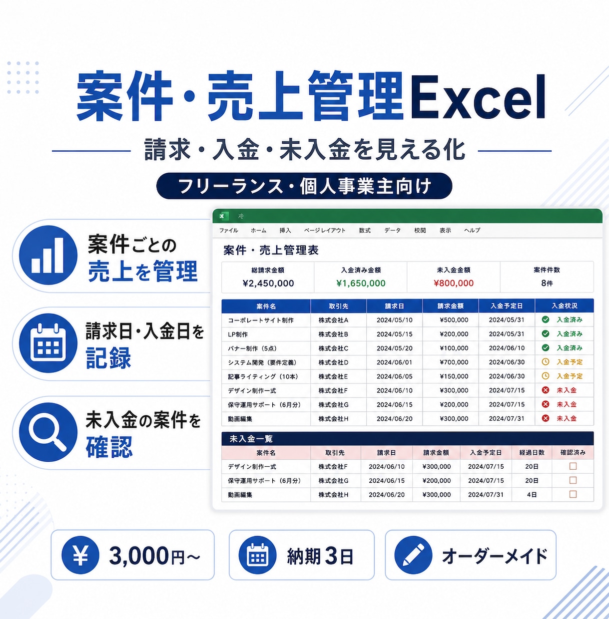 フリーランス向けの案件・売上管理表を作成します 請求・入金・未入金状況を見える化 イメージ1