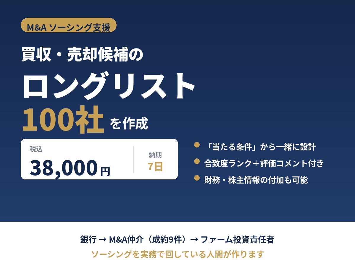 M&Aソーシング用ロングリストを100社作成します 銀行・M&A仲介・投資責任者の経験で、 有力な候補先を発掘 イメージ1