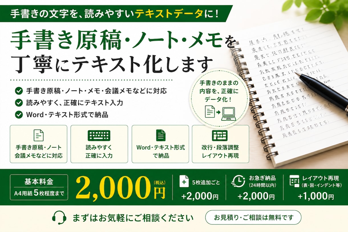 手書き原稿・ノート・メモを丁寧にテキスト化します 手書きの原稿やノート、メモを、読みやすいテキストデータに入力 イメージ1
