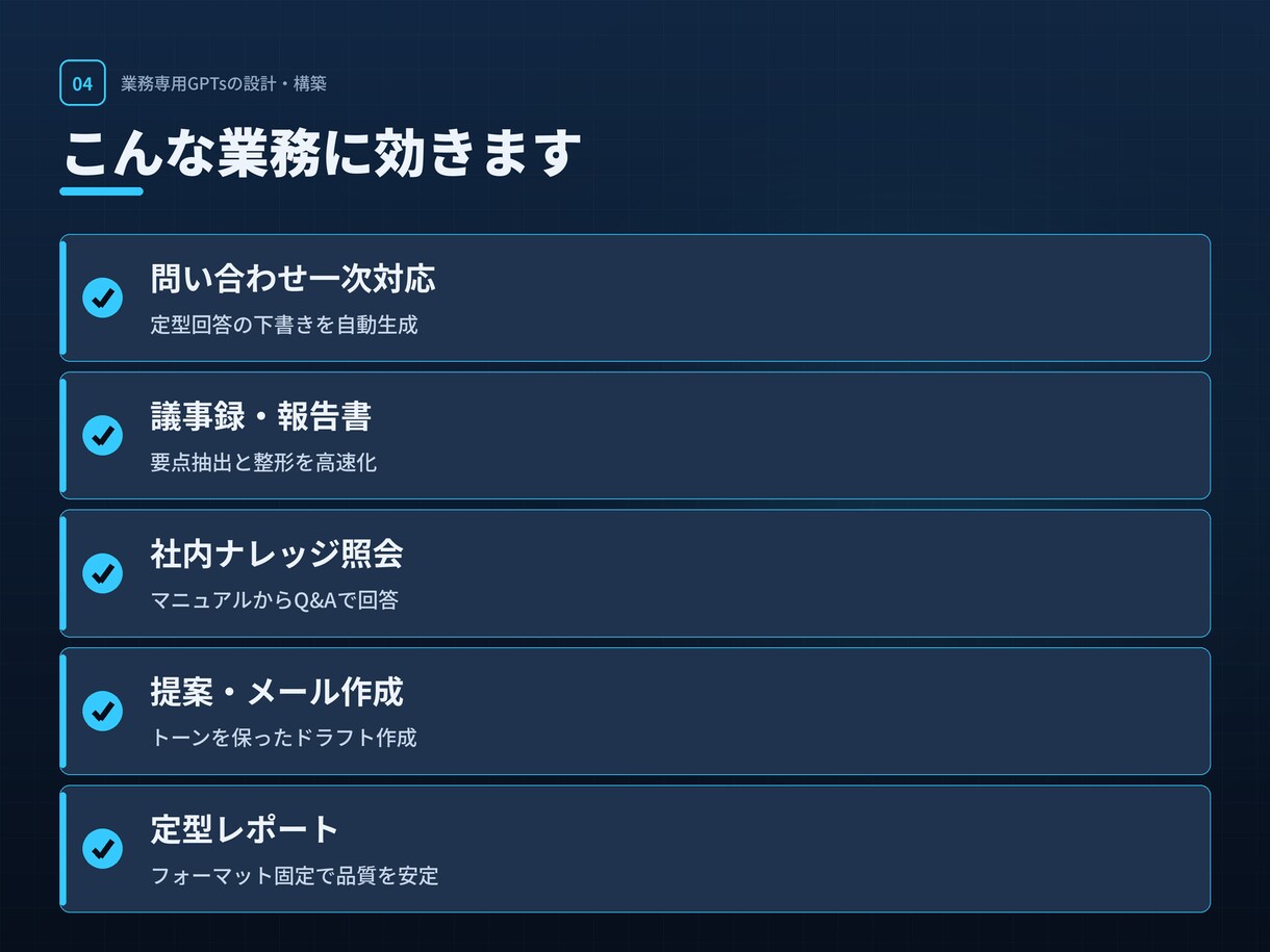 業務に効く専用GPTsを設計・構築します AIコンサルが要件定義から構築まで｜運用設計付き イメージ4