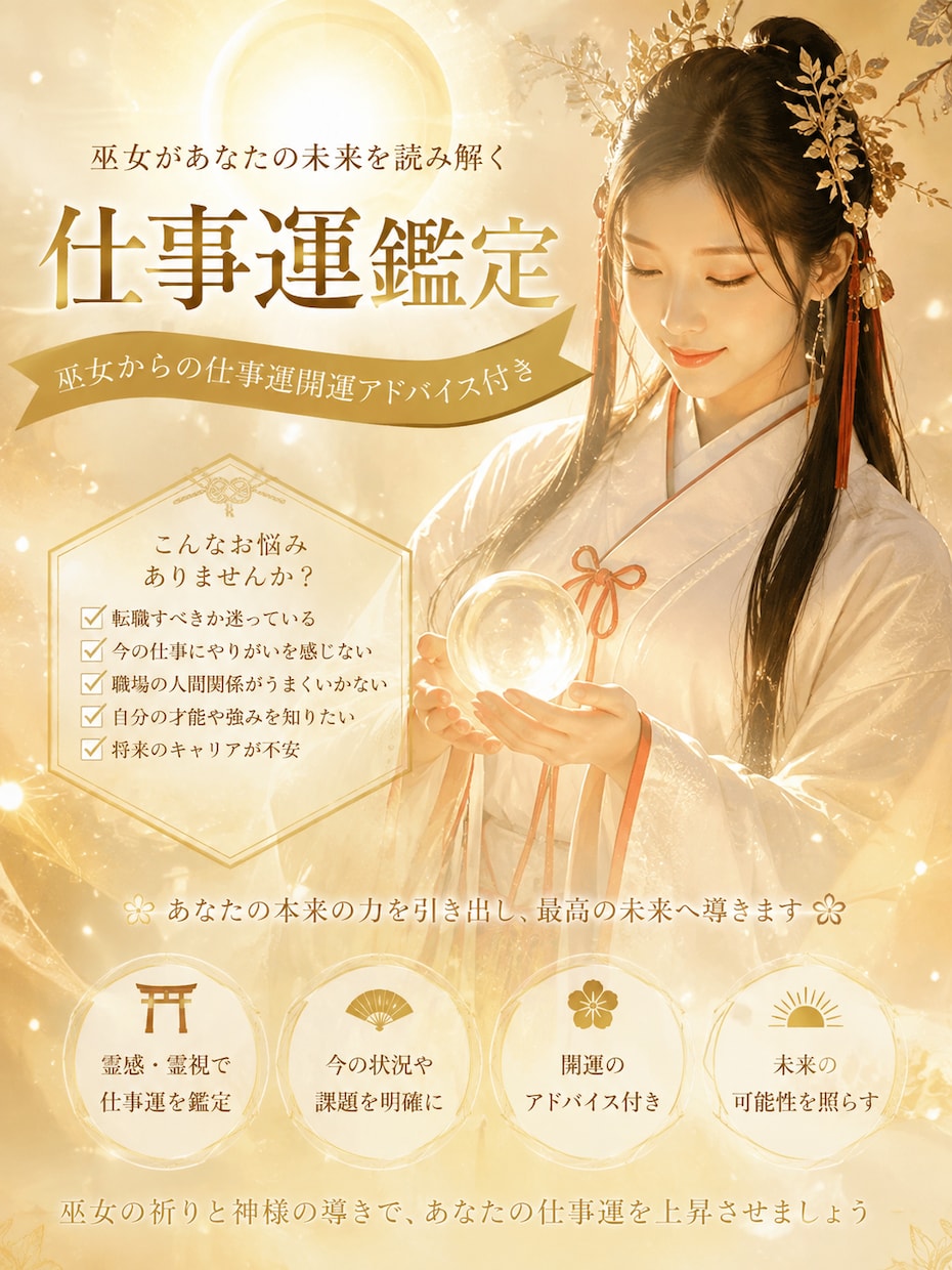仕事の悩みスッキリします 巫女開運アドバイス！仕事運・開業・職場の人間関係 イメージ1
